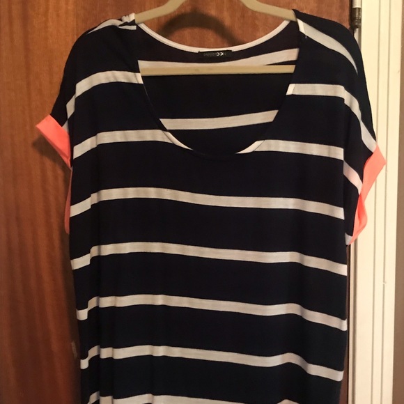 Papermoon Tops - Blue with white stripes. Cap sleeve with neon